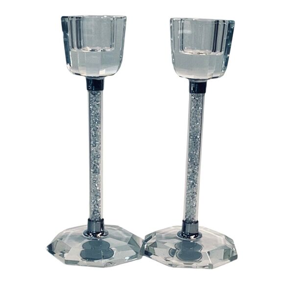 Oleg Cassini Pair Sparkle Glitter Candle Sticks Signed 6in - Picture 2 of 6